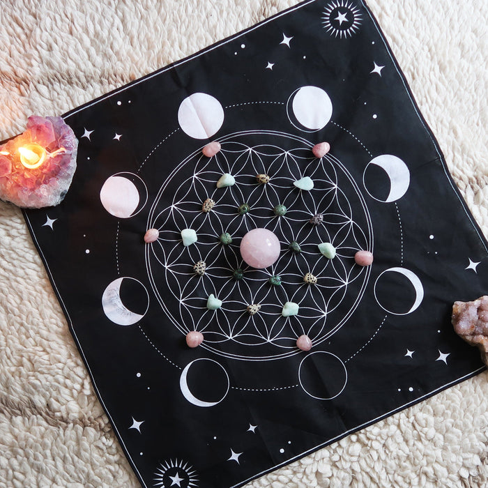 Moon Phase Printed Cotton Crystal Grid Altar Cloth