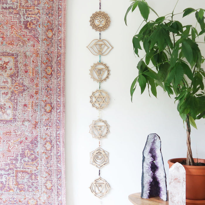 Light Wood Chakra Gemstone Wall Art - coppermoonboutique