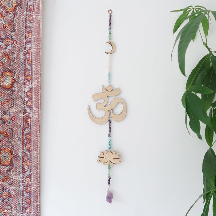 Light Wood Lotus, OM and Moon Rainbow Gemstone Wall Hanging - coppermoonboutique