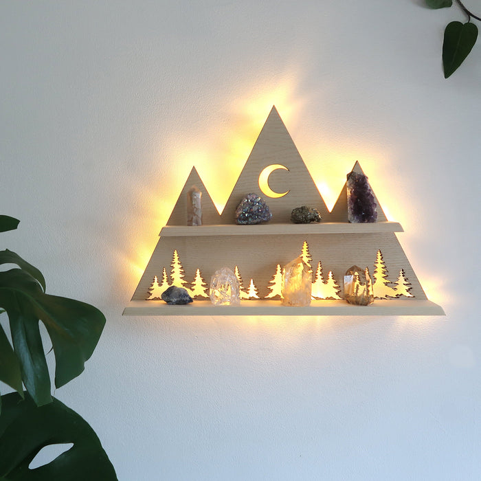 Light Wood Wilderness Forest Mountain and Moon Wall light shelf - coppermoonboutique