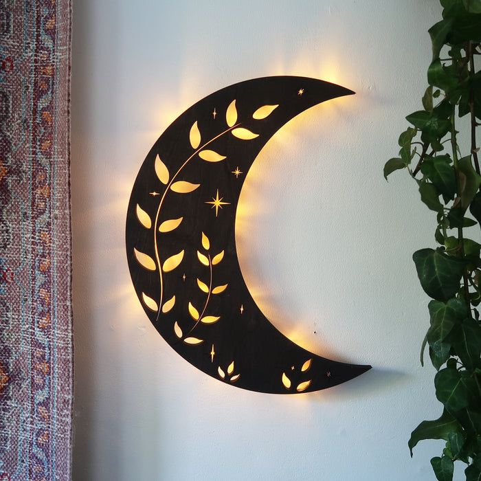 Botanical Crescent Moon Wooden Wall Lamp