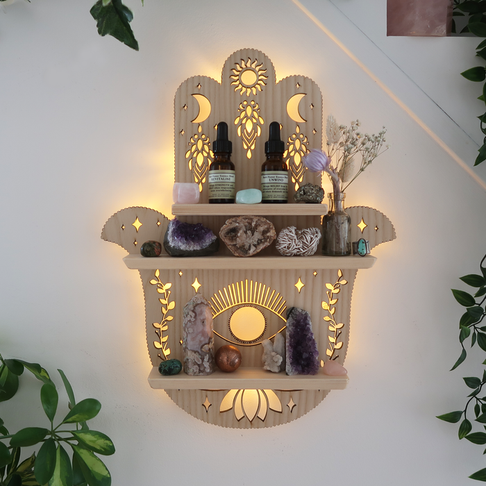 Light Wood Hamsa Hand Light Up Shelf
