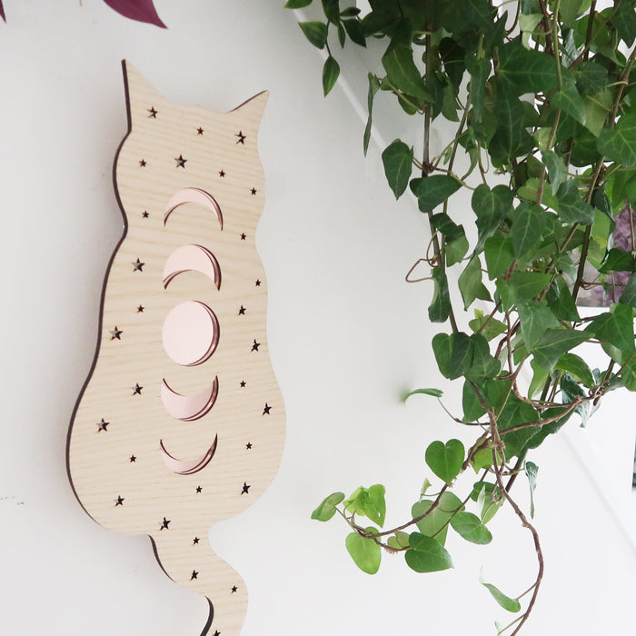 Light Wood Cosmic Kitty Mirrored Wall Lamp - coppermoonboutique