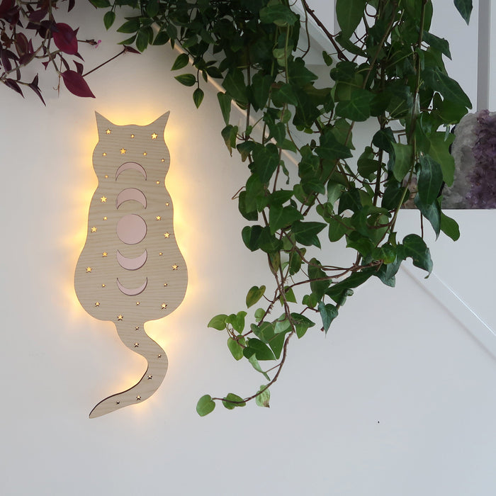 Light Wood Cosmic Kitty Mirrored Wall Lamp - coppermoonboutique