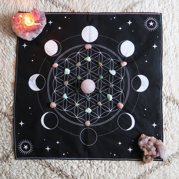 Moon Phase Printed Cotton Crystal Grid Altar Cloth