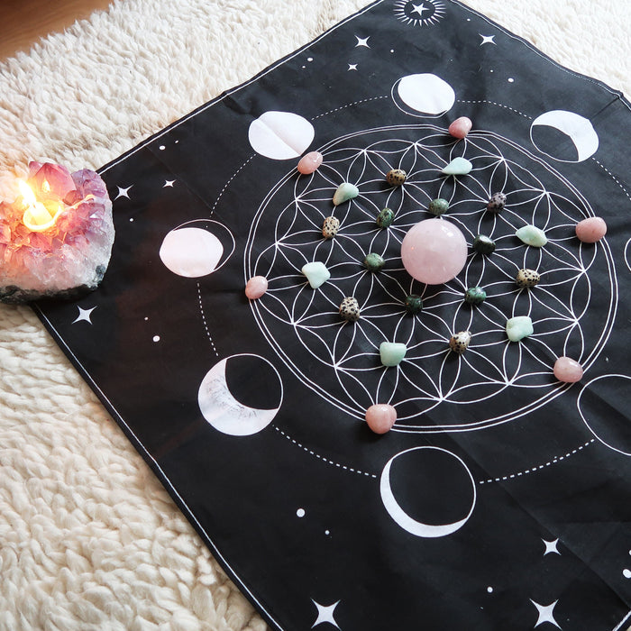 Moon Phase Printed Cotton Crystal Grid Altar Cloth