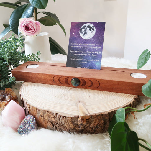 Labradorite Engraved Moonphase Altar Card Stand with Soy Candles - coppermoonboutique