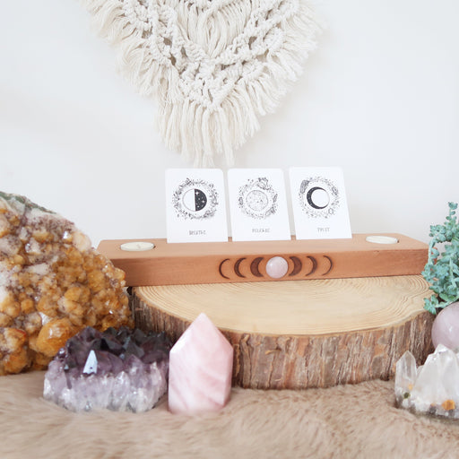 Rose Quartz Engraved Moonphase Altar Card Stand with Soy Candles - coppermoonboutique