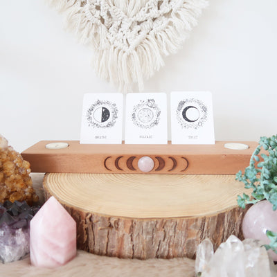 Rose Quartz Engraved Moonphase Altar Card Stand with Soy Candles - coppermoonboutique