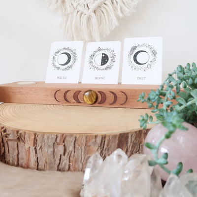Tigers Eye Engraved Moonphase Altar Card Stand with Soy Candles - coppermoonboutique