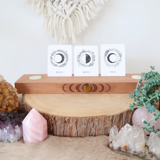 Tigers Eye Engraved Moonphase Altar Card Stand with Soy Candles - coppermoonboutique