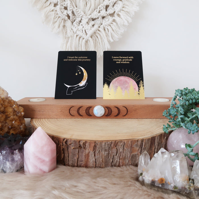 Moonstone Engraved Moonphase Altar Card Stand with Soy Candles - coppermoonboutique