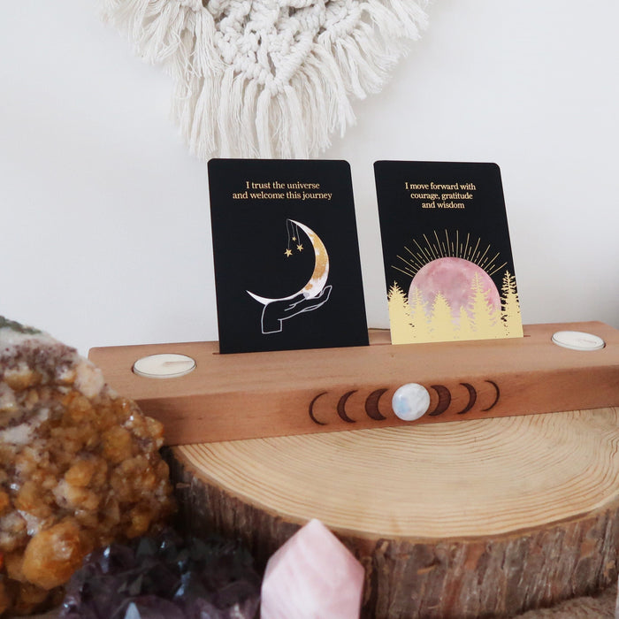 Moonstone Engraved Moonphase Altar Card Stand with Soy Candles - coppermoonboutique