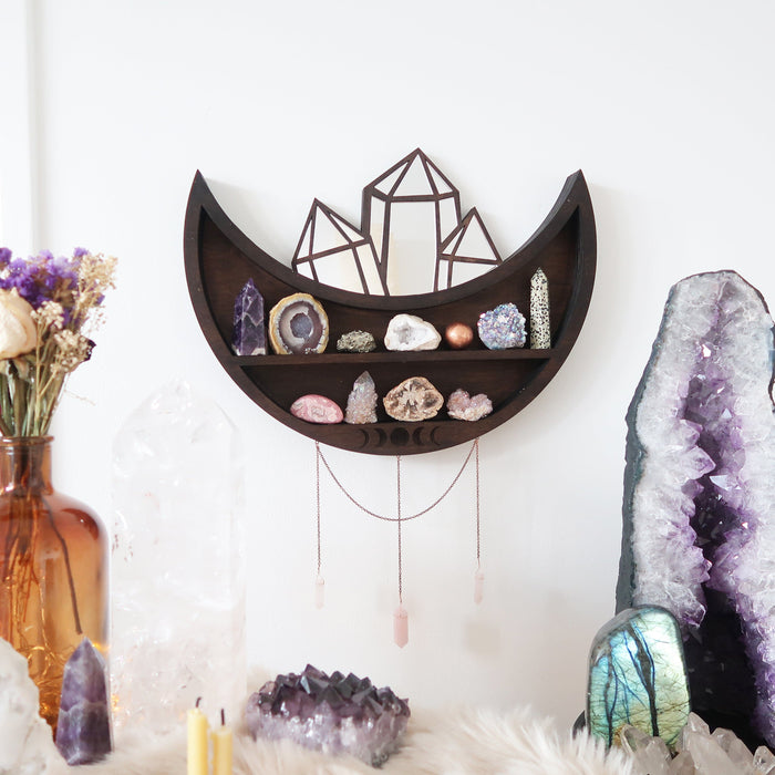 Moon and Crystal Cluster Moonphase Mirror Shelf - coppermoonboutique