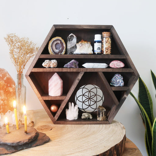 Seed Of Life Wooden Hexagon Crystal Shelf - coppermoonboutique