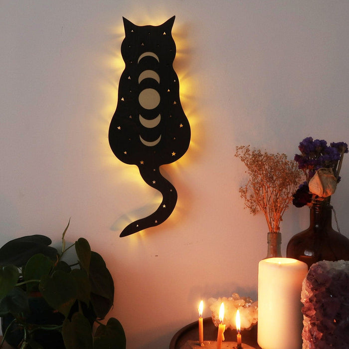 Cosmic Kitty Mirror Wooden Wall Lamp - coppermoonboutique