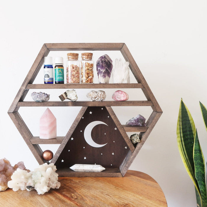 Moon and Stars Wooden Crystal Shelf - coppermoonboutique