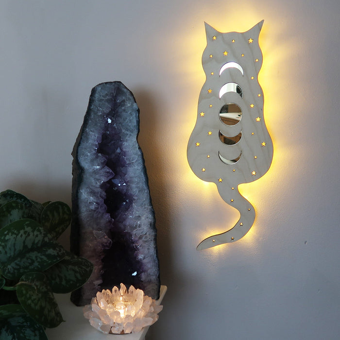 Light Wood Cosmic Kitty Mirrored Wall Lamp - coppermoonboutique