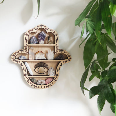 Light wood Hamsa Hand Crystal Shelf - coppermoonboutique