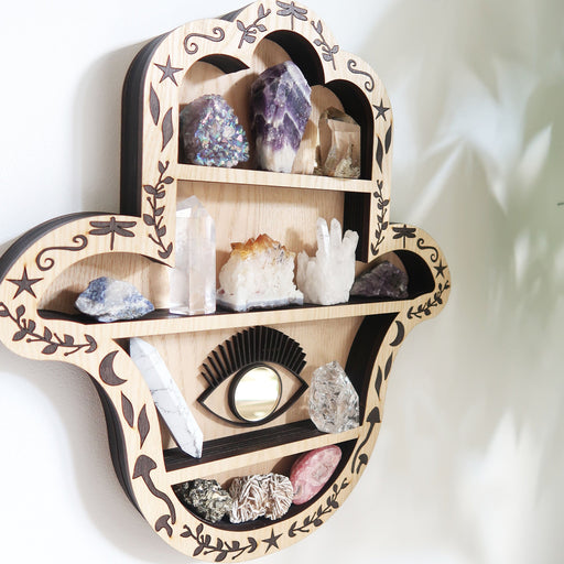 Light wood Hamsa Hand Crystal Shelf - coppermoonboutique