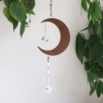 Amethyst Wooden Crystal Moon Suncatcher - coppermoonboutique