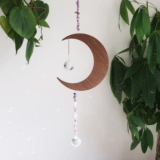 Amethyst Wooden Crystal Moon Suncatcher - coppermoonboutique