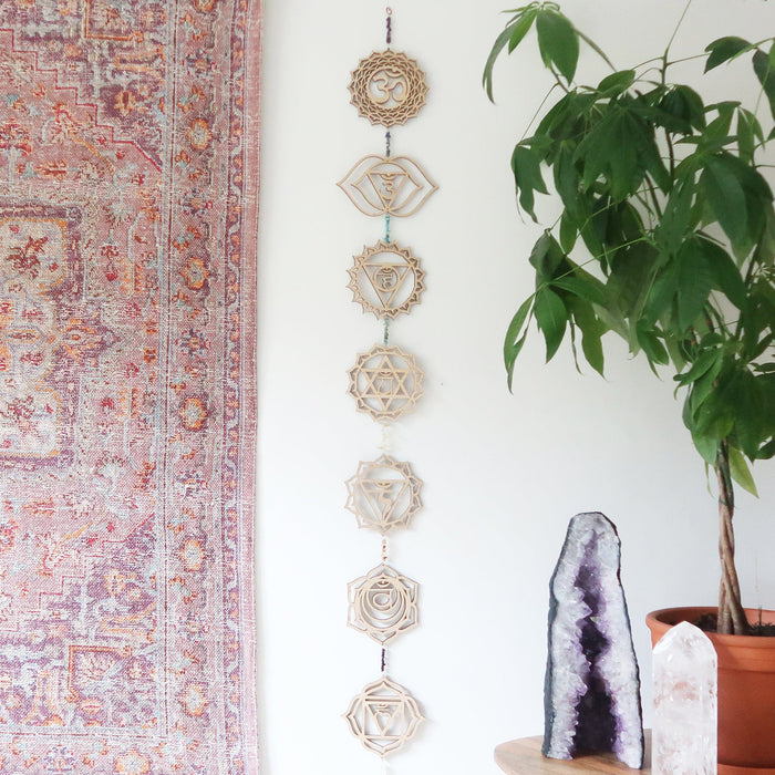 Light Wood Chakra Gemstone Wall Art - coppermoonboutique
