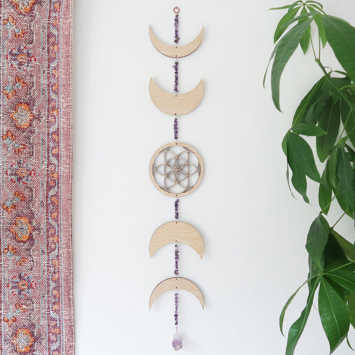 Light Wood Seed Of Life Crystal Moon Phase Wall Hanging - coppermoonboutique