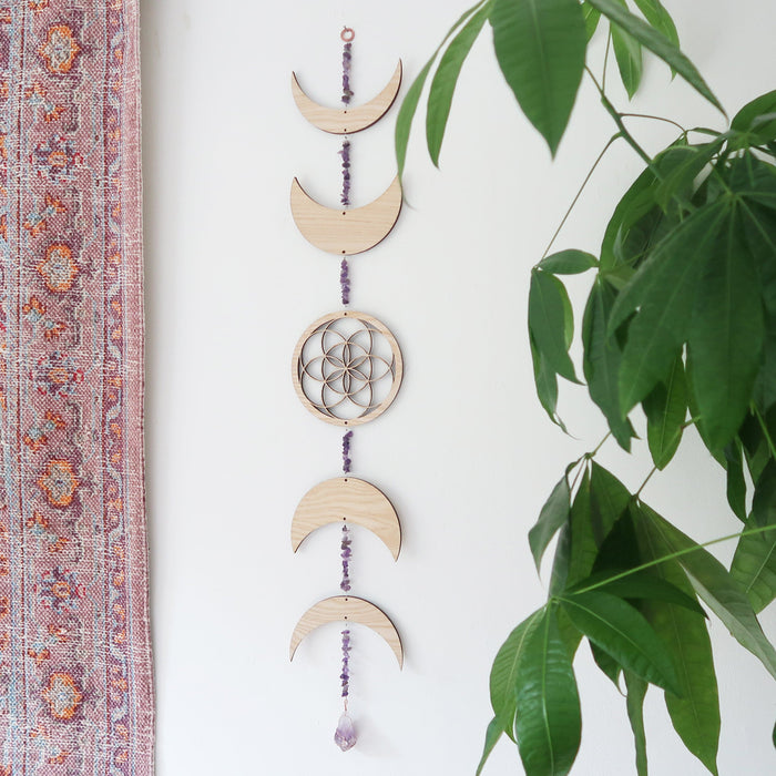 Light Wood Seed Of Life Crystal Moon Phase Wall Hanging - coppermoonboutique
