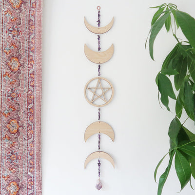 Light Wood Pentagram Crystal Moon Phase Wall Hanging - coppermoonboutique
