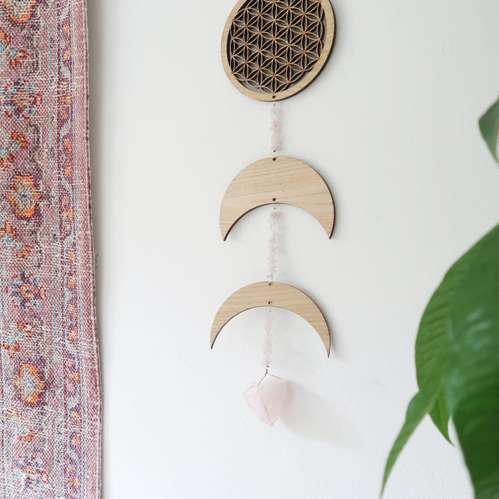 Light Wood Flower Of Life Crystal Moon Phase Wall Art - coppermoonboutique