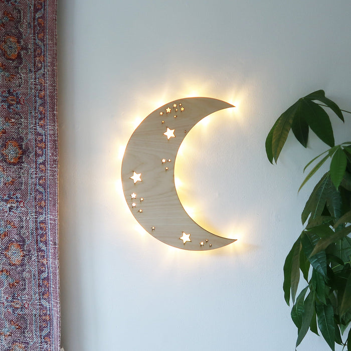 Light Wood Crescent Moon Wooden Wall Lamp - coppermoonboutique