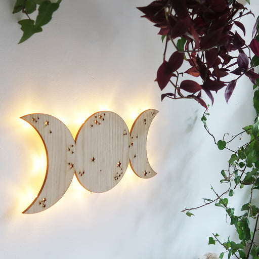 Light Wood Triple Goddess Moon Wooden Wall Lamp - coppermoonboutique