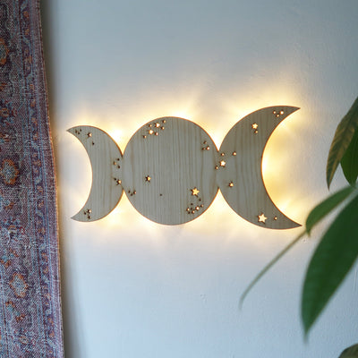 Light Wood Triple Goddess Moon Wooden Wall Lamp - coppermoonboutique
