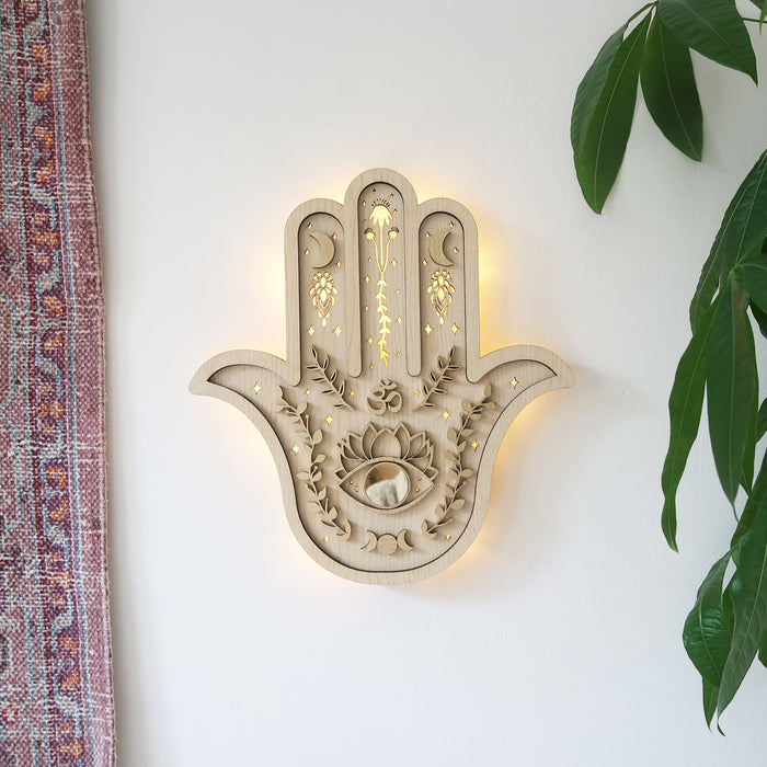 Light Wood Hamsa Hand Wall Lamp - coppermoonboutique