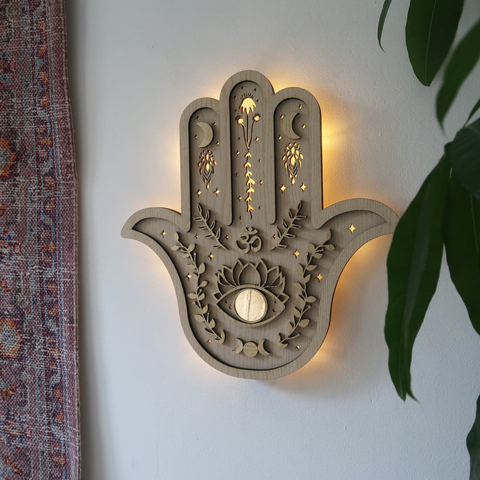 Light Wood Hamsa Hand Wall Lamp - coppermoonboutique