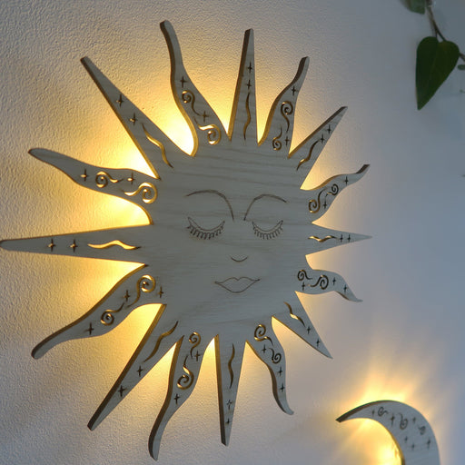Light Wood Sun & Moon Battery Wall Lamp - coppermoonboutique