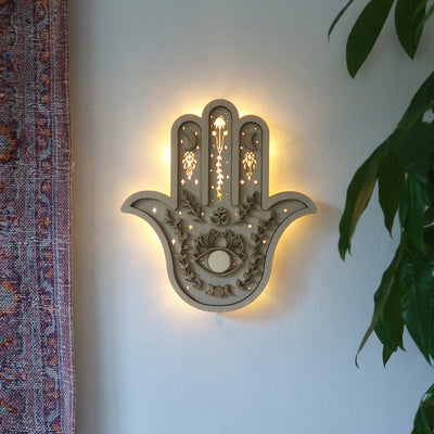 Light Wood Hamsa Hand Wall Lamp - coppermoonboutique