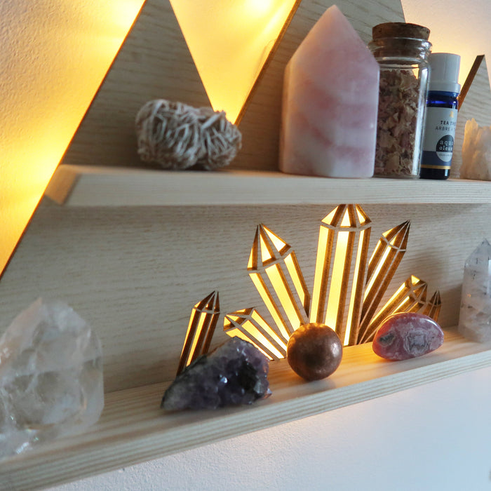 Light Wood Crystal cluster display shelf and Wall light - coppermoonboutique