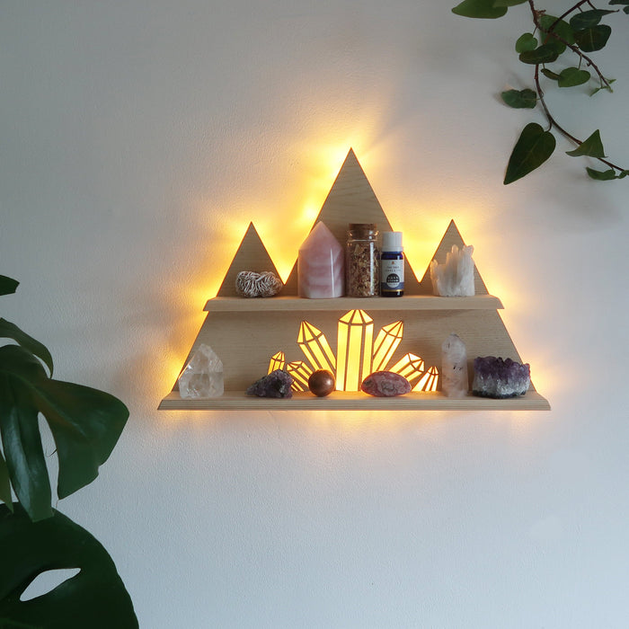 Light Wood Crystal cluster display shelf and Wall light - coppermoonboutique