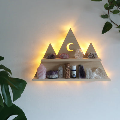 Light Wood Mountain Crystal Shelf and Wall Lamp - coppermoonboutique