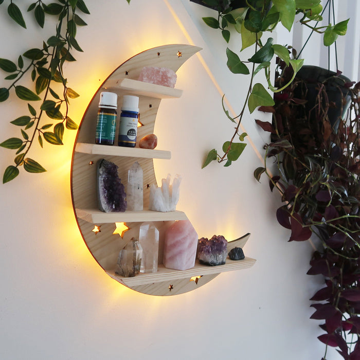 Light Wood Celestial Moon Wooden Light Up Shelf - coppermoonboutique
