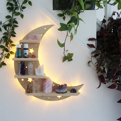 Light Wood Celestial Moon Wooden Light Up Shelf - coppermoonboutique