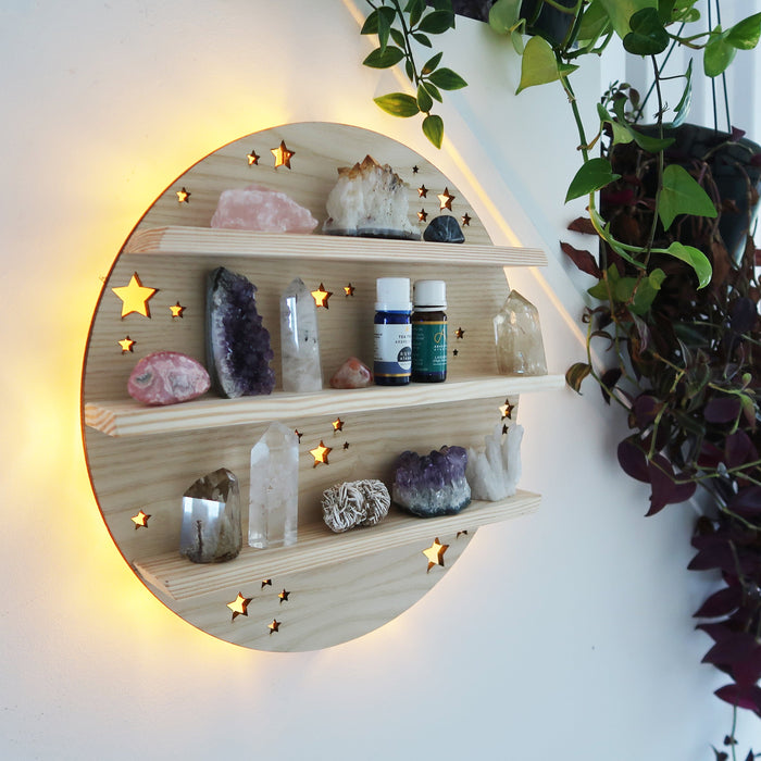 Light Wood Full Moon Crystal Shelf Wall Lamp - coppermoonboutique