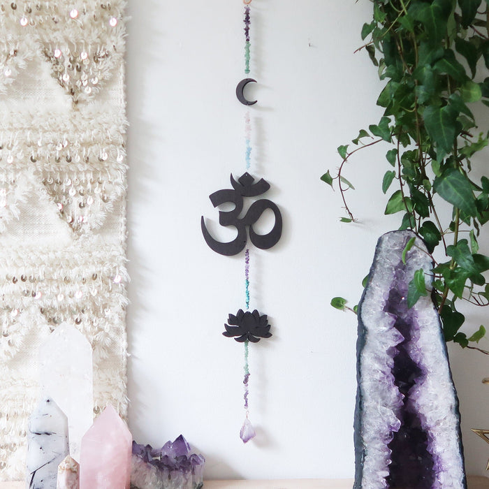 Lotus, OM and Moon Rainbow Gemstone Wall Hanging - coppermoonboutique