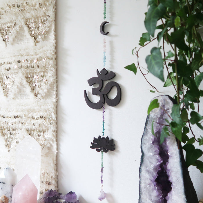 Lotus, OM and Moon Rainbow Gemstone Wall Hanging - coppermoonboutique