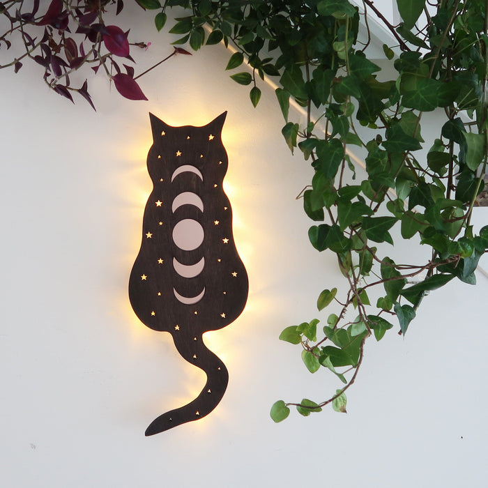 Cosmic Kitty Mirror Wooden Wall Lamp - coppermoonboutique