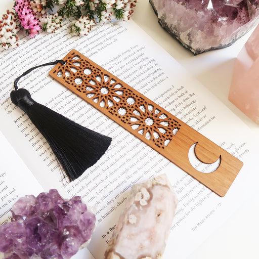 Walnut Wood Mandala Moon Bookmark with Tassel - coppermoonboutique