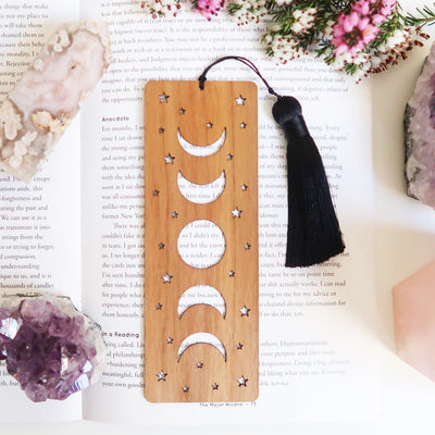 Walnut Wood Moon Phase Bookmark with Tassel - coppermoonboutique