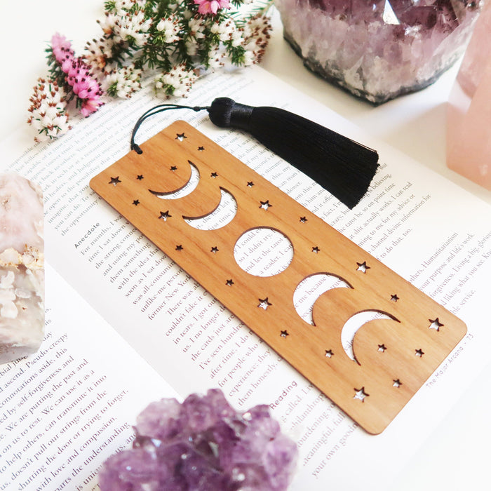 Walnut Wood Moon Phase Bookmark with Tassel - coppermoonboutique